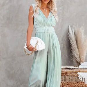 Pleated wide leg jumpsuit with belt detail- Sage Green
